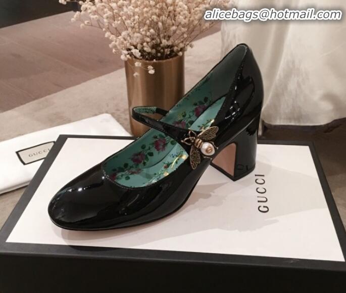 Discount Gucci Patent Leather Mid-Heel Mary Janes Bee Pump G71935 Black