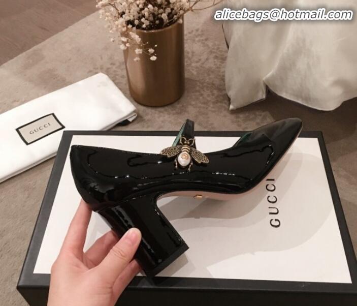 Discount Gucci Patent Leather Mid-Heel Mary Janes Bee Pump G71935 Black