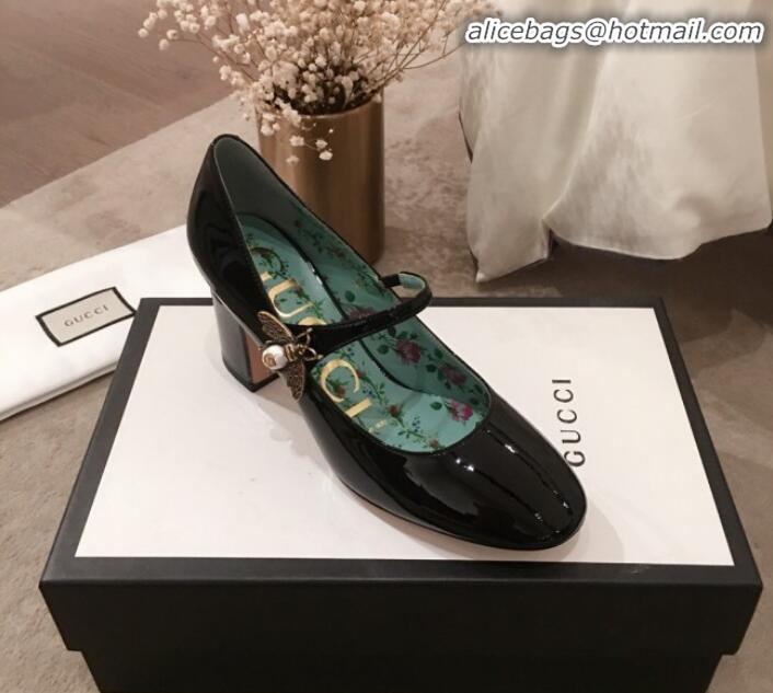 Discount Gucci Patent Leather Mid-Heel Mary Janes Bee Pump G71935 Black