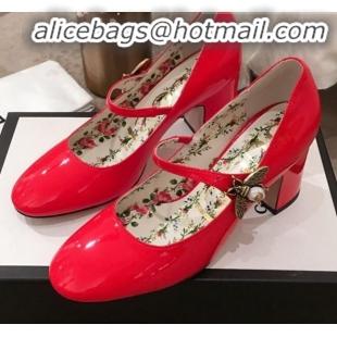 New Fashion Gucci Patent Leather Mid-Heel Mary Janes Bee Pump G71935 Red