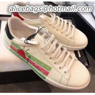 Luxury Gucci Ace Sneaker with Web and Strawberry G72637 White