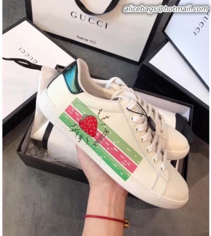 Luxury Gucci Ace Sneaker with Web and Strawberry G72637 White