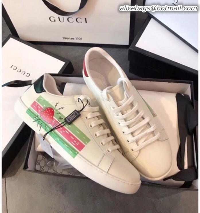 Luxury Gucci Ace Sneaker with Web and Strawberry G72637 White