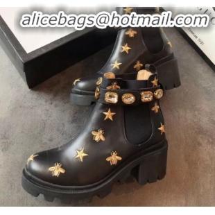 Discount Gucci Bee Star Embroidered Leather Short Platform Boot with Crystal Belt 557735 Black