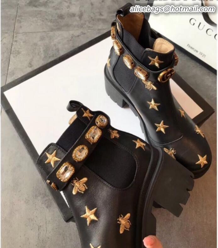 Discount Gucci Bee Star Embroidered Leather Short Platform Boot with Crystal Belt 557735 Black