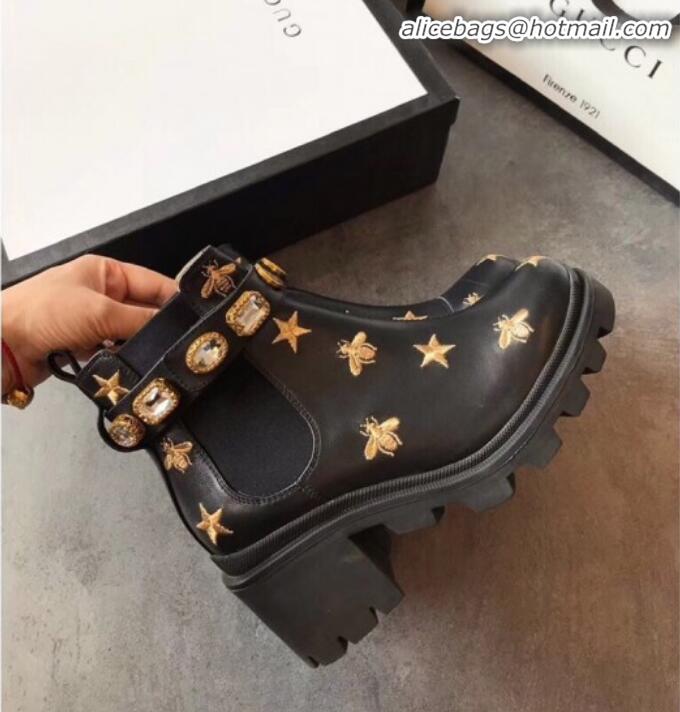 Discount Gucci Bee Star Embroidered Leather Short Platform Boot with Crystal Belt 557735 Black