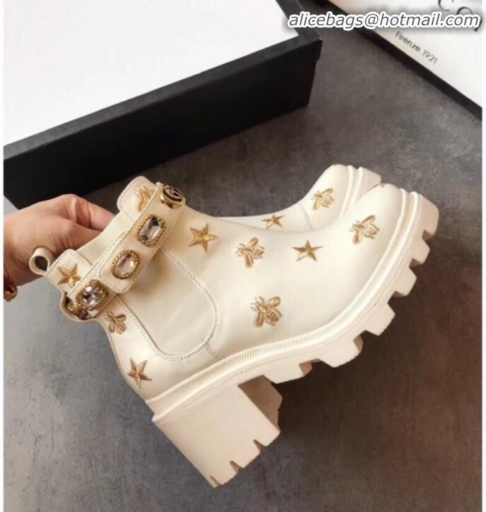 Sumptuous Gucci Bee Star Embroidered Leather Short Platform Boot with Crystal Belt 557735 White