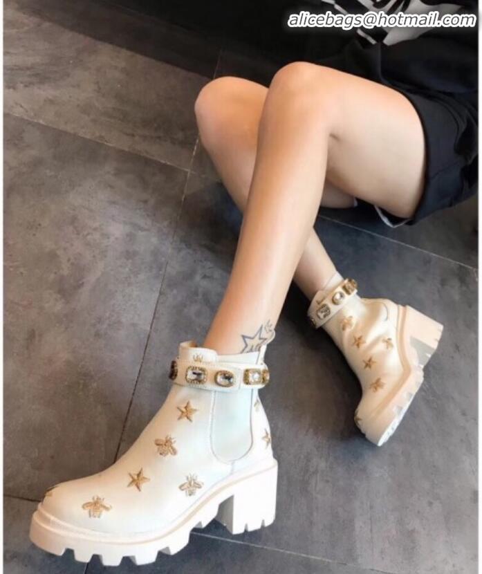 Sumptuous Gucci Bee Star Embroidered Leather Short Platform Boot with Crystal Belt 557735 White