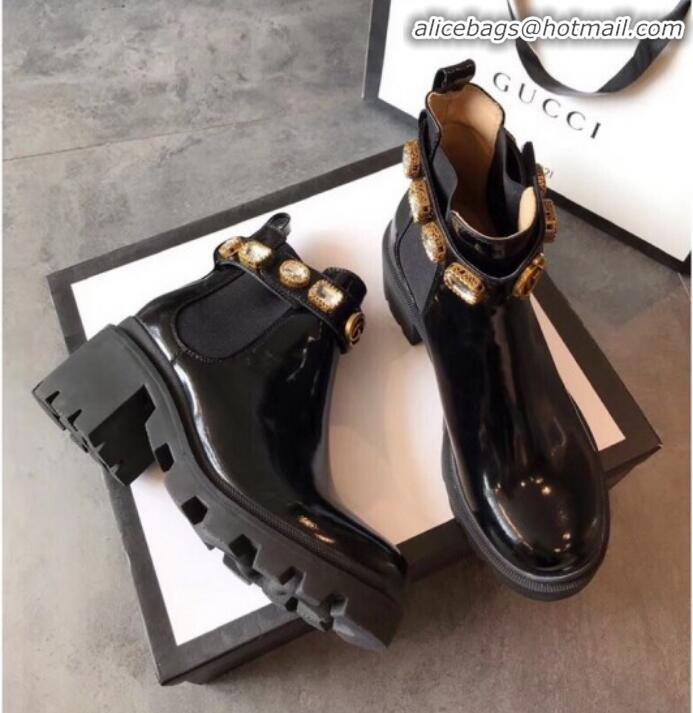 Discount Gucci Smooth Leather Short Platform Boot with Crystal Belt 550036 Black 2019