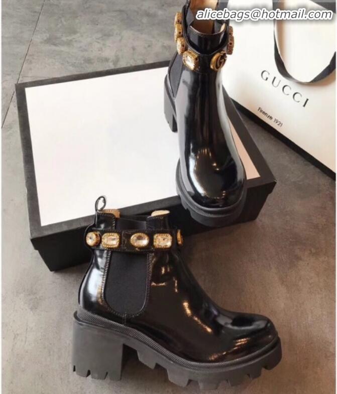 Discount Gucci Smooth Leather Short Platform Boot with Crystal Belt 550036 Black 2019