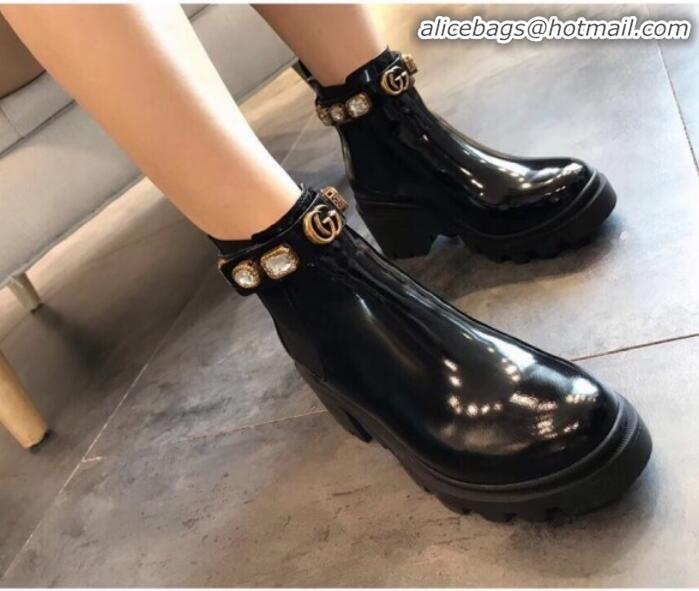 Discount Gucci Smooth Leather Short Platform Boot with Crystal Belt 550036 Black 2019