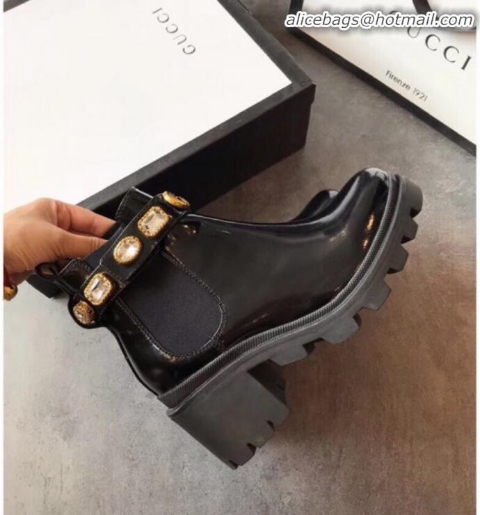 Discount Gucci Smooth Leather Short Platform Boot with Crystal Belt 550036 Black 2019