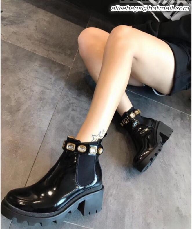 Discount Gucci Smooth Leather Short Platform Boot with Crystal Belt 550036 Black 2019