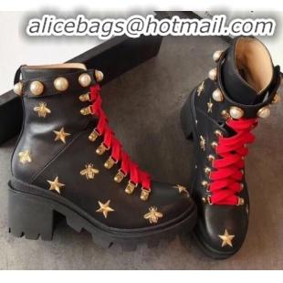 Hot Style Gucci Bee Star Embroidered Leather Short Platform Boot with Contrasting Laces 498695 Black