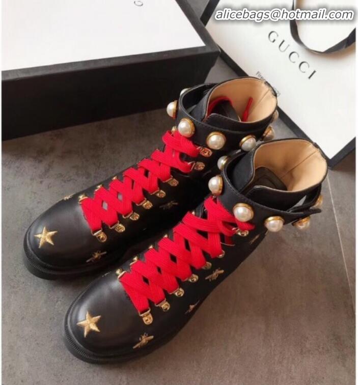 Hot Style Gucci Bee Star Embroidered Leather Short Platform Boot with Contrasting Laces 498695 Black