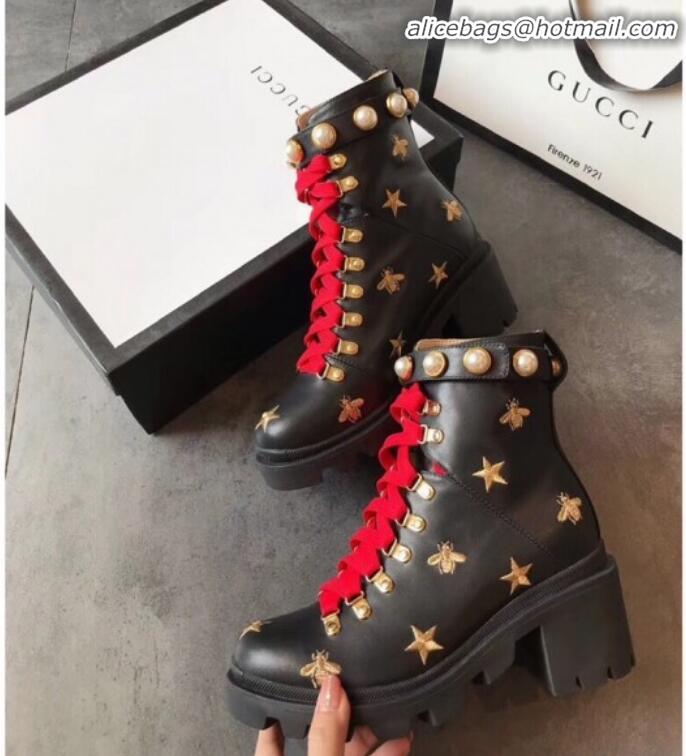 Hot Style Gucci Bee Star Embroidered Leather Short Platform Boot with Contrasting Laces 498695 Black