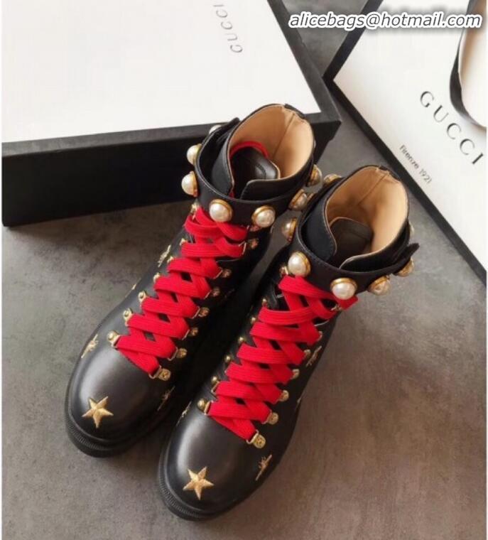 Hot Style Gucci Bee Star Embroidered Leather Short Platform Boot with Contrasting Laces 498695 Black