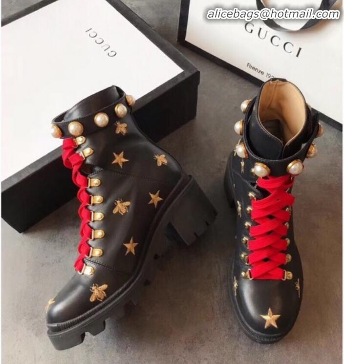 Hot Style Gucci Bee Star Embroidered Leather Short Platform Boot with Contrasting Laces 498695 Black