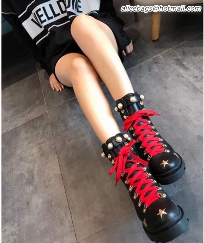 Hot Style Gucci Bee Star Embroidered Leather Short Platform Boot with Contrasting Laces 498695 Black