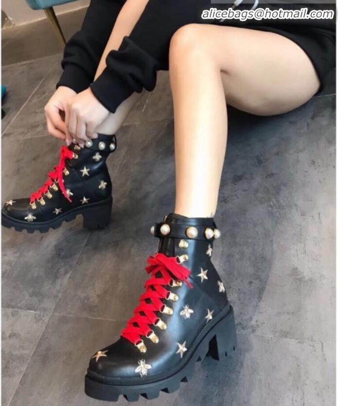 Hot Style Gucci Bee Star Embroidered Leather Short Platform Boot with Contrasting Laces 498695 Black