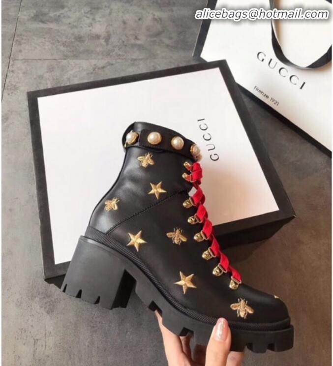 Hot Style Gucci Bee Star Embroidered Leather Short Platform Boot with Contrasting Laces 498695 Black