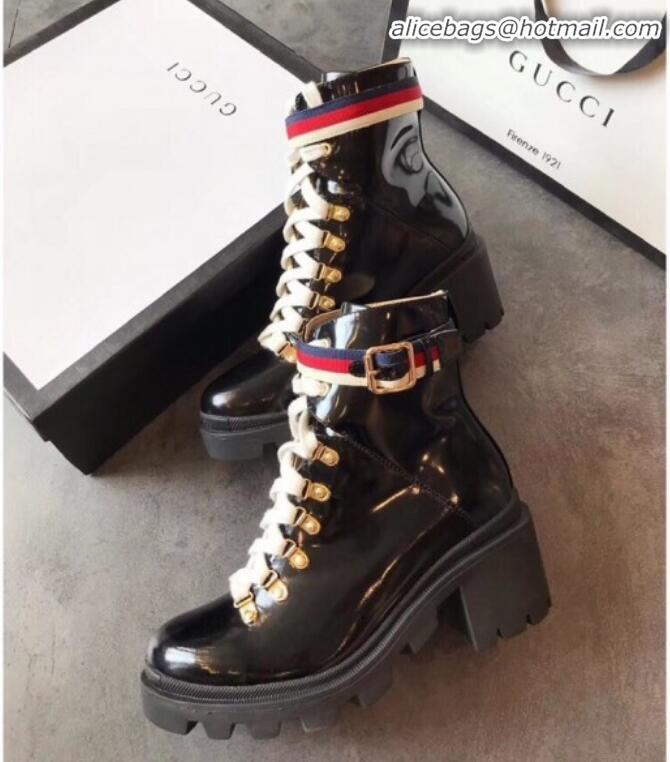 Luxury Gucci Leather Short Platform Boot with Sylvie Web 481156 Black