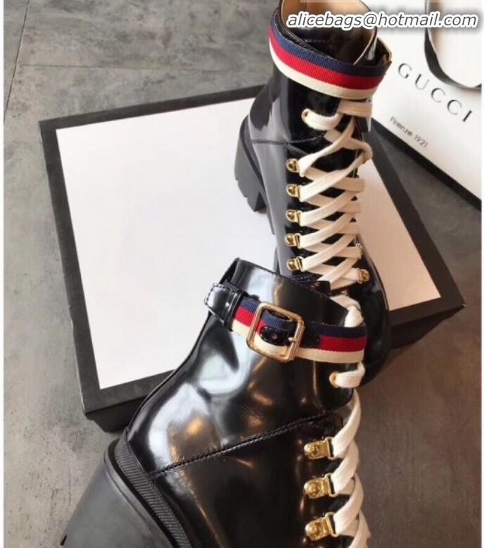 Luxury Gucci Leather Short Platform Boot with Sylvie Web 481156 Black