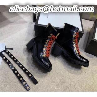 Newest Gucci Leather Short Platform Boot with Contrasting Laces 497372 Black 2019