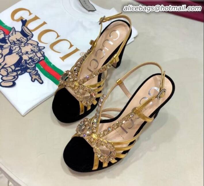 Luxury Gucci Crystal Cutout Bow High-Heel Platform Sandals G81257 Gold