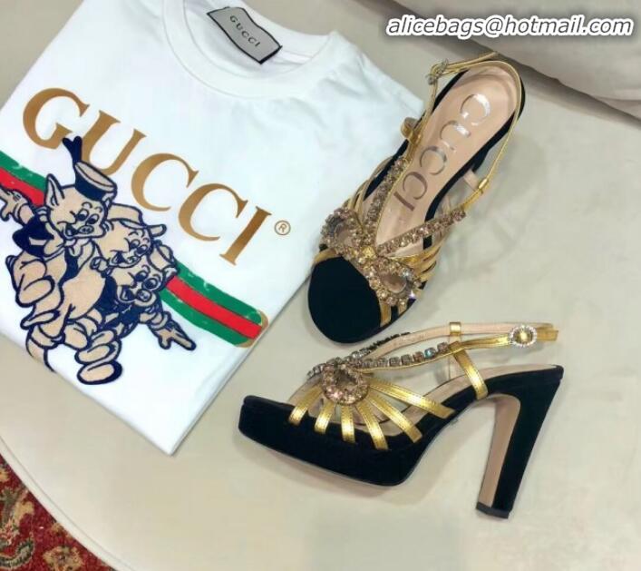 Luxury Gucci Crystal Cutout Bow High-Heel Platform Sandals G81257 Gold