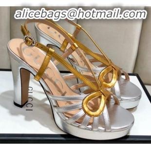 New Style Gucci Metallic Leather Cutout Bow High-Heel Platform Sandals G81257 Gold/Silver