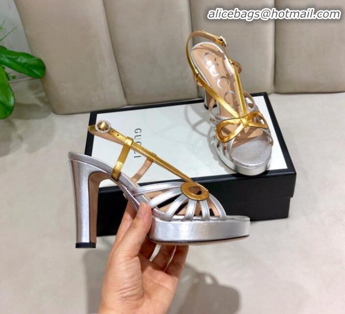 New Style Gucci Metallic Leather Cutout Bow High-Heel Platform Sandals G81257 Gold/Silver