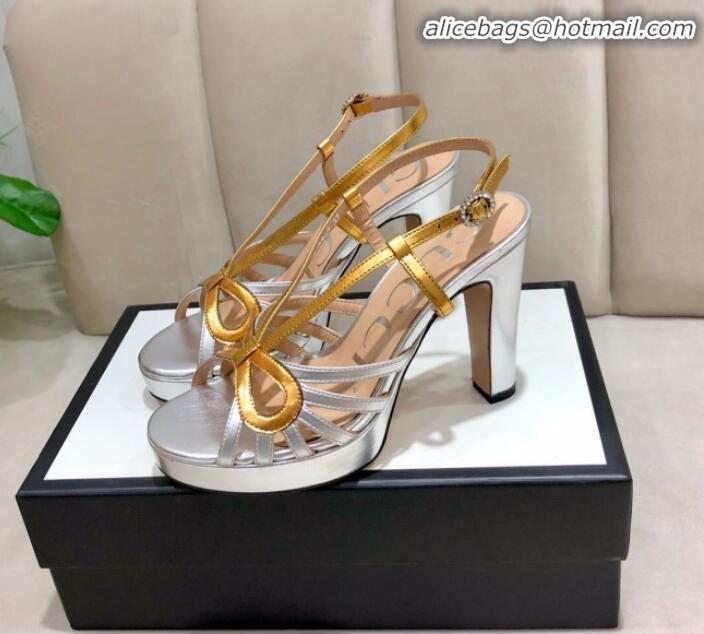 New Style Gucci Metallic Leather Cutout Bow High-Heel Platform Sandals G81257 Gold/Silver