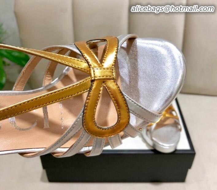 New Style Gucci Metallic Leather Cutout Bow High-Heel Platform Sandals G81257 Gold/Silver