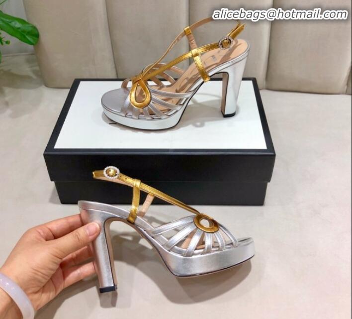 New Style Gucci Metallic Leather Cutout Bow High-Heel Platform Sandals G81257 Gold/Silver