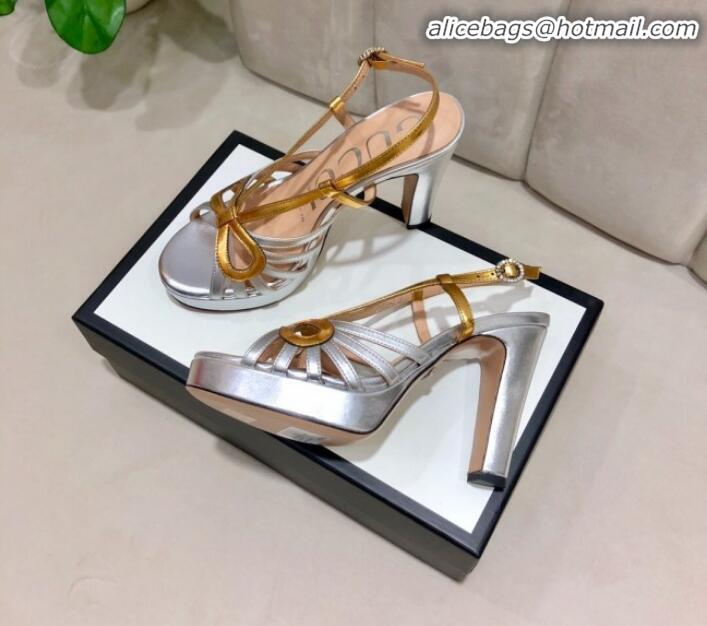 New Style Gucci Metallic Leather Cutout Bow High-Heel Platform Sandals G81257 Gold/Silver