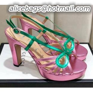 Luxury Gucci Metallic Leather Cutout Bow High-Heel Platform Sandals G81257 Green/Pink