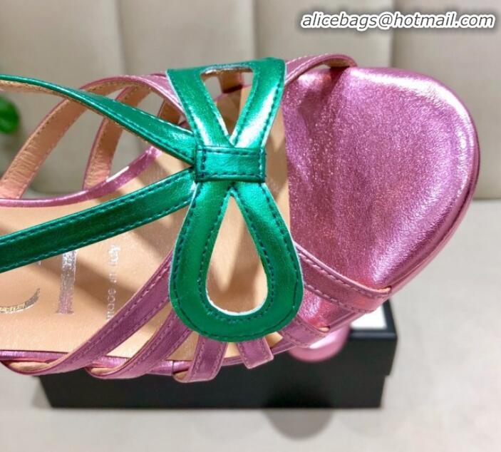 Luxury Gucci Metallic Leather Cutout Bow High-Heel Platform Sandals G81257 Green/Pink