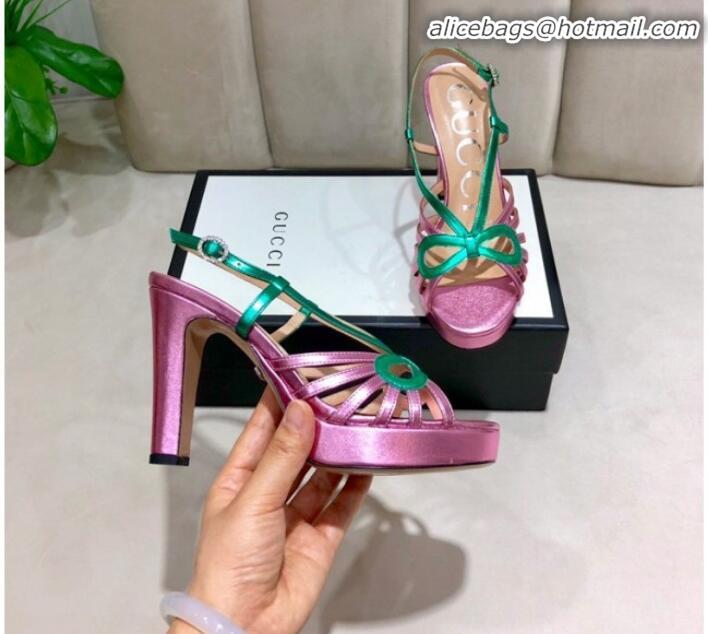 Luxury Gucci Metallic Leather Cutout Bow High-Heel Platform Sandals G81257 Green/Pink