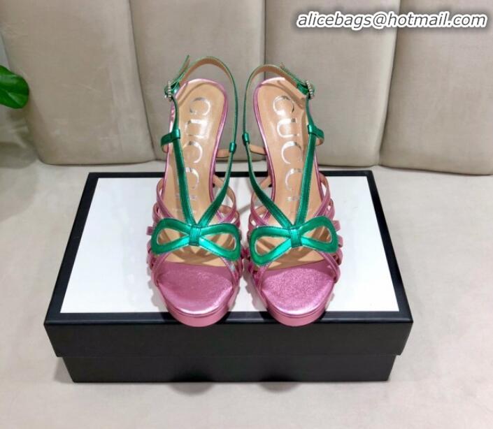 Luxury Gucci Metallic Leather Cutout Bow High-Heel Platform Sandals G81257 Green/Pink