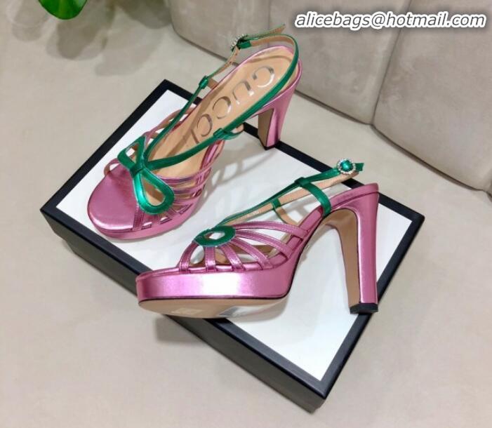 Luxury Gucci Metallic Leather Cutout Bow High-Heel Platform Sandals G81257 Green/Pink