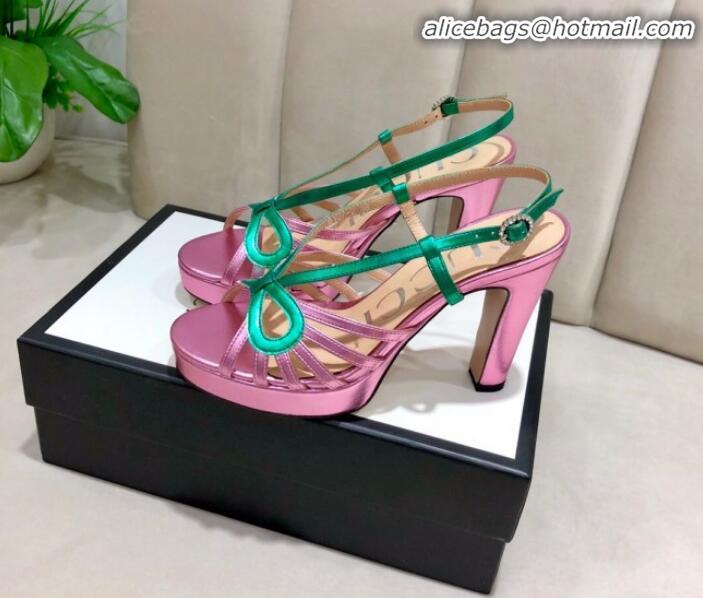 Luxury Gucci Metallic Leather Cutout Bow High-Heel Platform Sandals G81257 Green/Pink