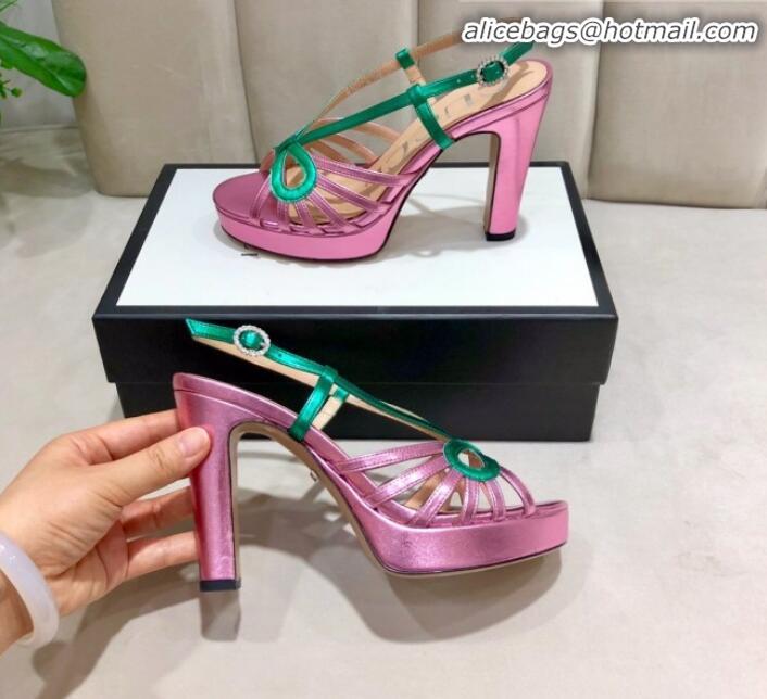 Luxury Gucci Metallic Leather Cutout Bow High-Heel Platform Sandals G81257 Green/Pink