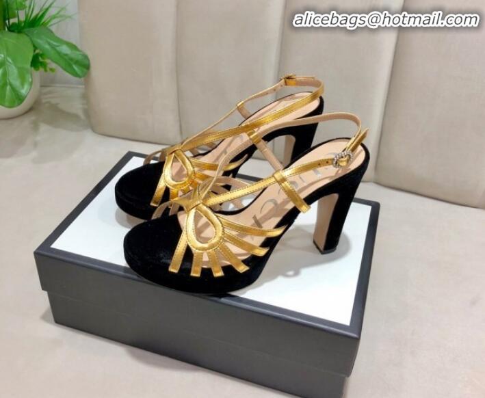 Luxury Gucci Metallic Leather Cutout Bow High-Heel Platform Sandals G81260 Gold/Black 