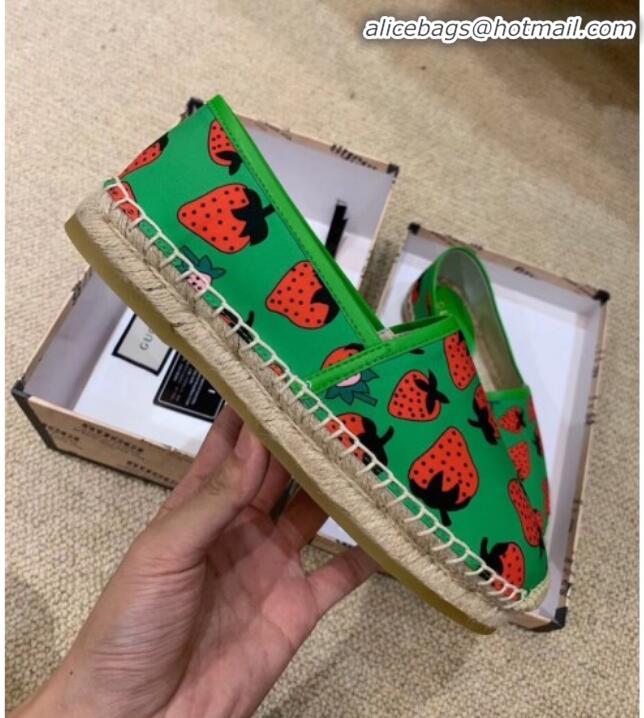 High Quality Gucci Strawberry Print Silk Espadrilles G81531 Green 2020