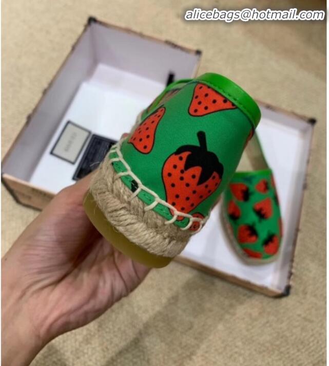 High Quality Gucci Strawberry Print Silk Espadrilles G81531 Green 2020