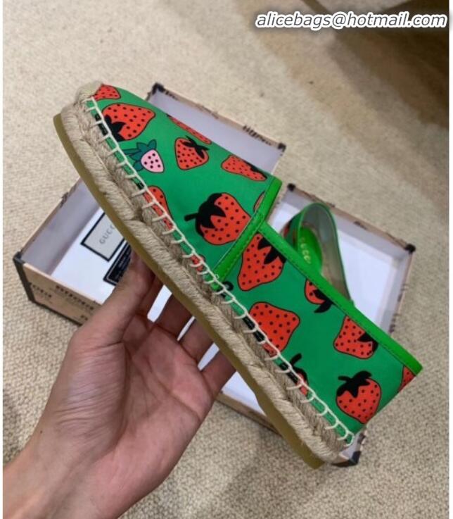 High Quality Gucci Strawberry Print Silk Espadrilles G81531 Green 2020