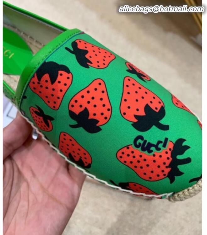 High Quality Gucci Strawberry Print Silk Espadrilles G81531 Green 2020