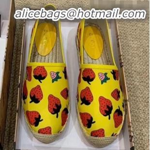 Classic Gucci Strawberry Print Silk Espadrilles G81531 Yellow 2020