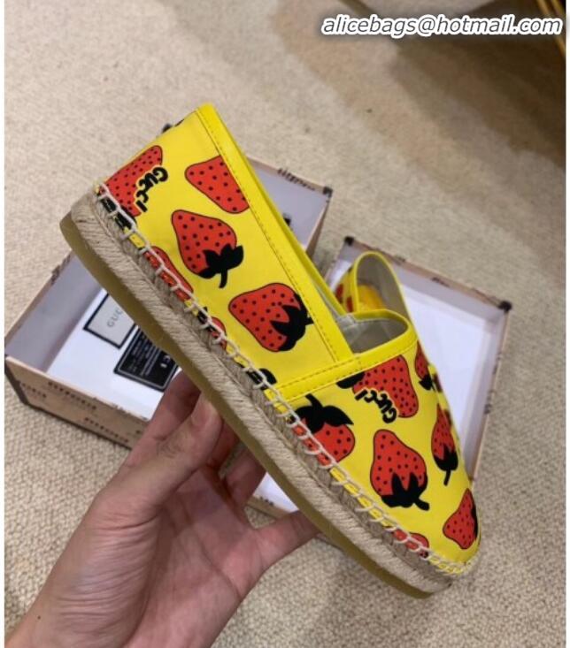 Classic Gucci Strawberry Print Silk Espadrilles G81531 Yellow 2020